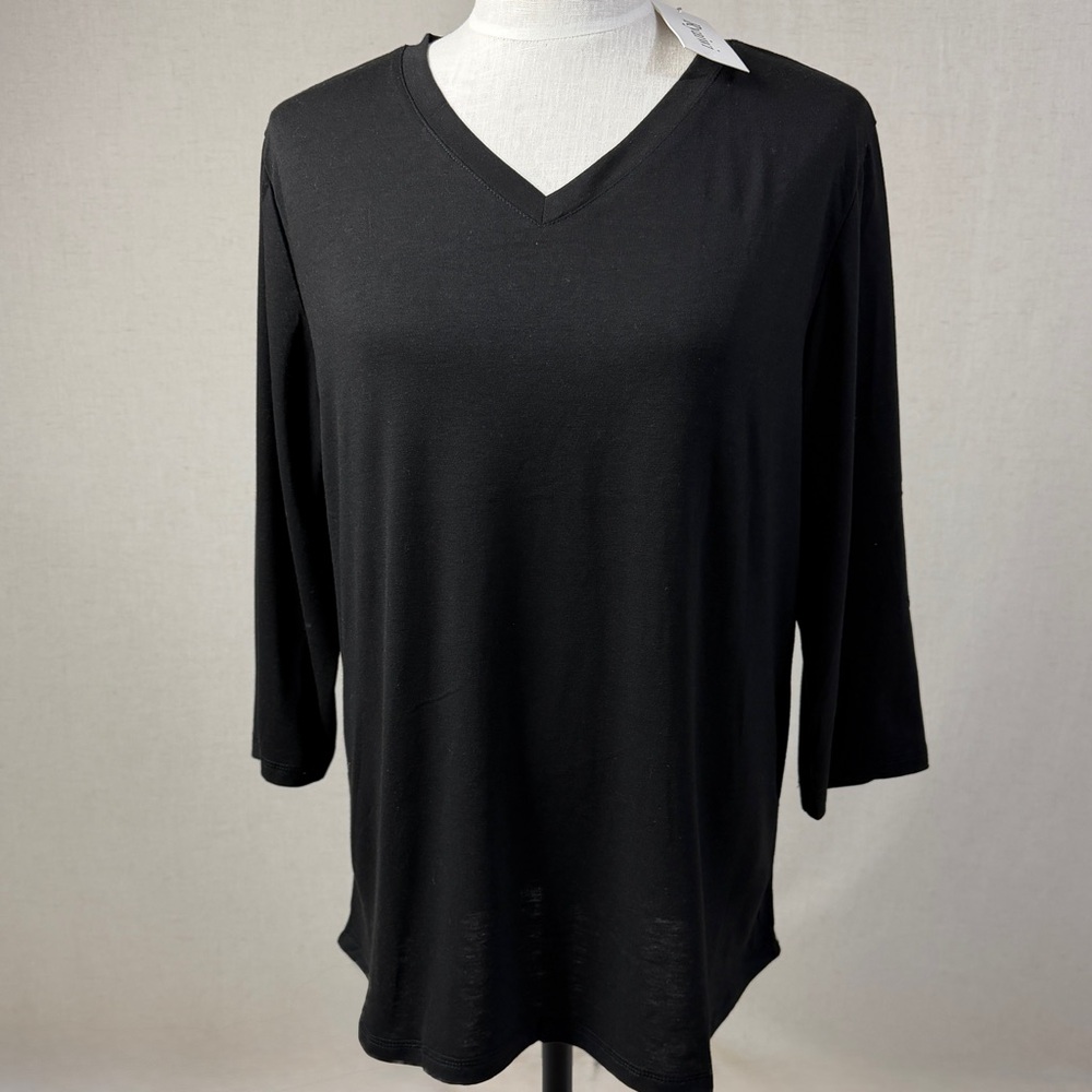 Ryaiwi Black V-Neck Tunic Top 3/4 Sleeve Soft Stretch Casual Size Small